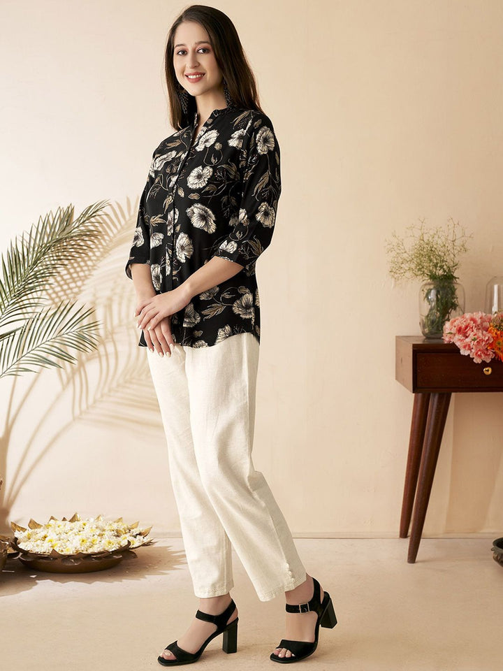 Anouk Floral Printed Mandarin Collar Short Kurti