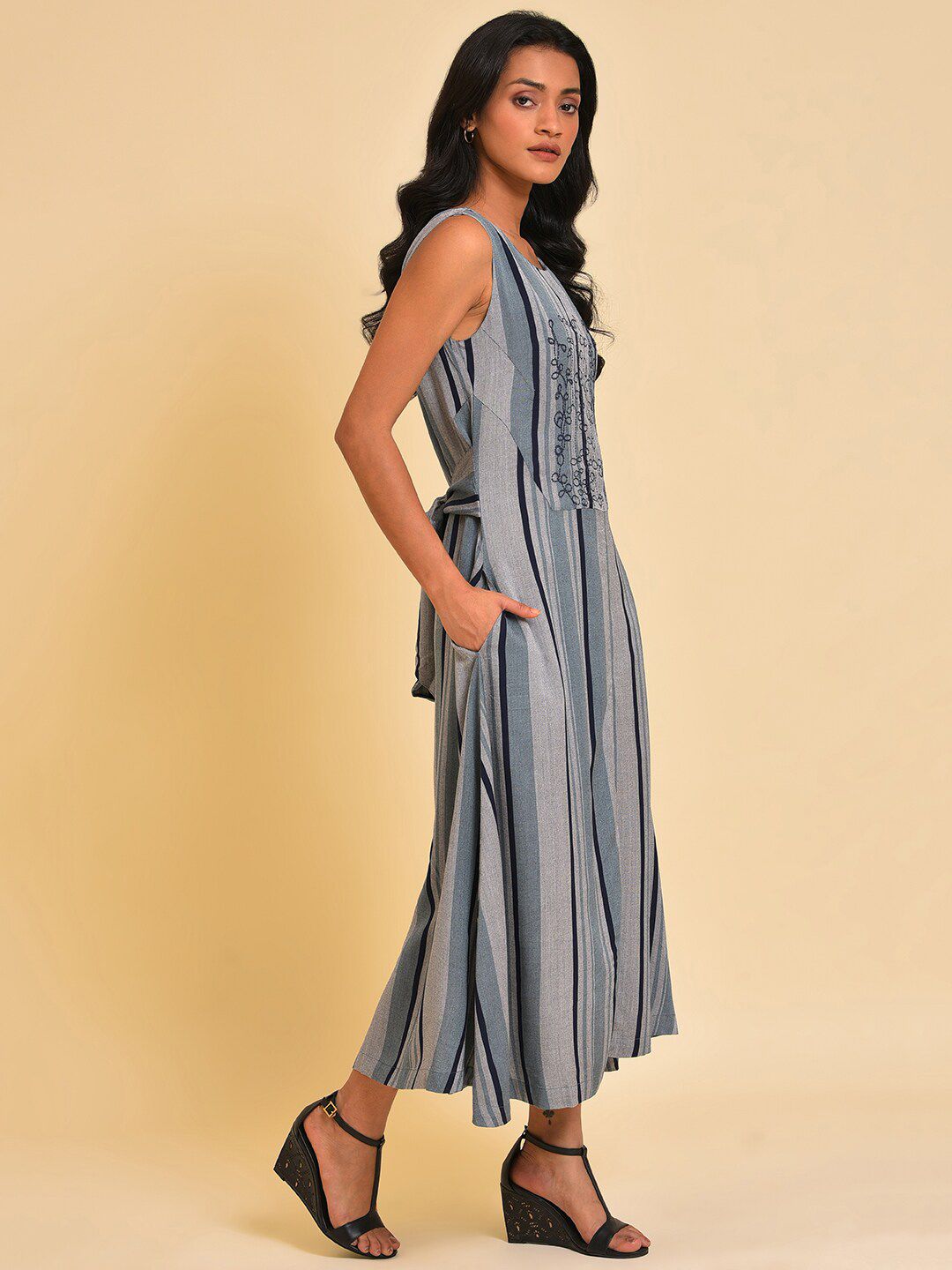 W Blue Striped A-Line Maxi Dress