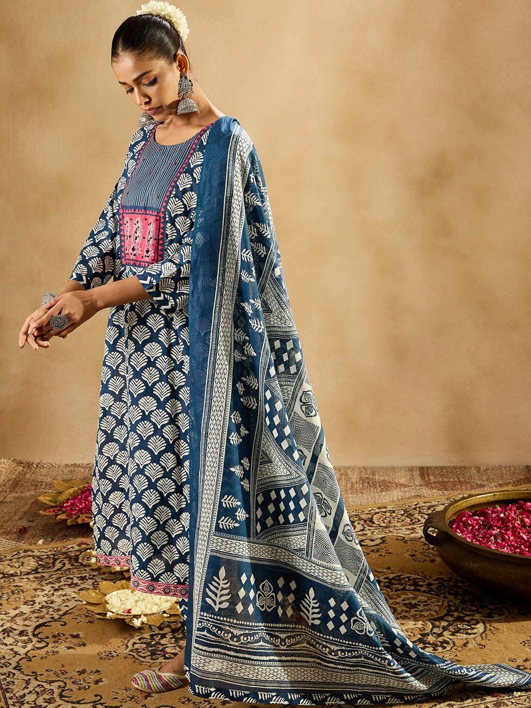 Indo Era Blue Ethnic Motifs Printed Straight Round Neck Thread Work Pure Cotton Kurta Set