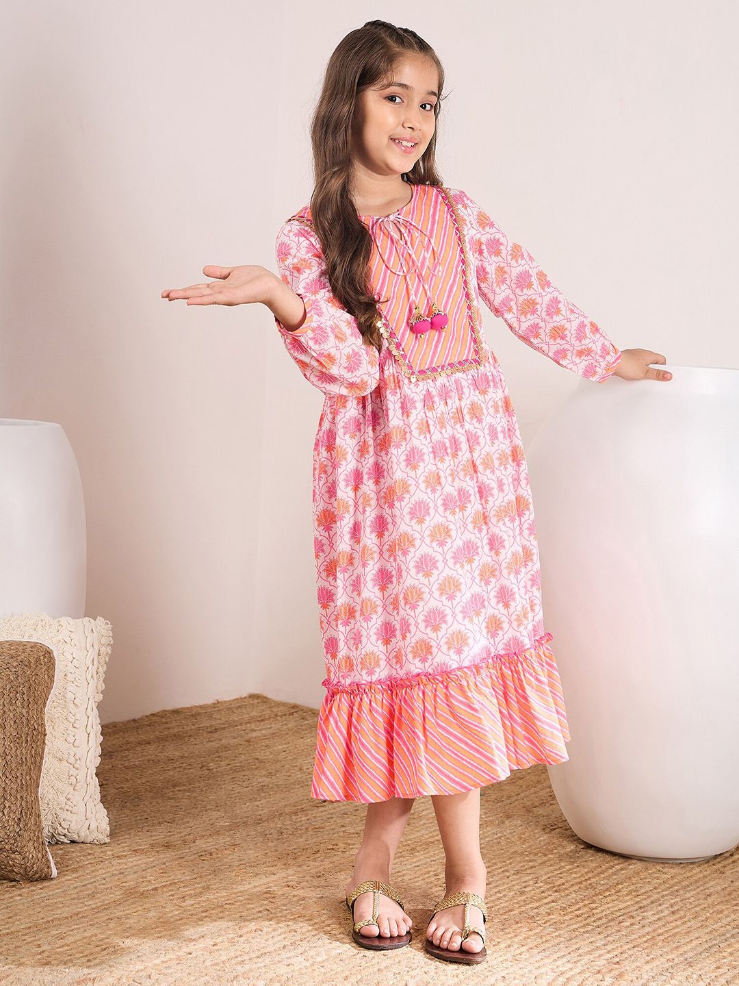 pspeaches Floral Printed Tie-Up Neck Cotton Fit & Flare Midi Dress