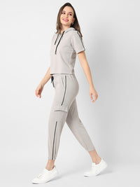 Campus Sutra Women Grey Solid Hooded T-Shirt with Trousers