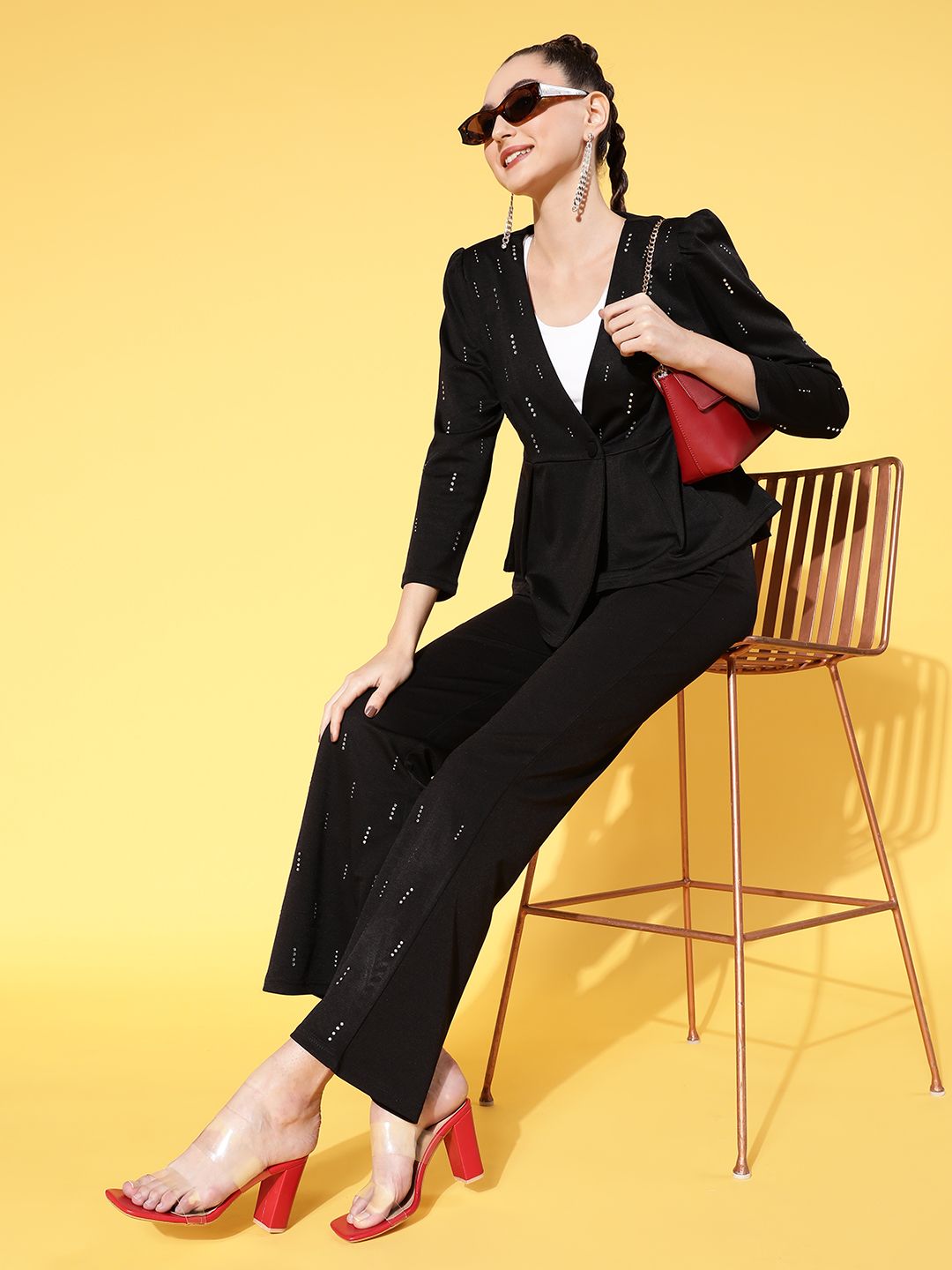SASSAFRAS Women Black Solid Sequined Detail Trousers