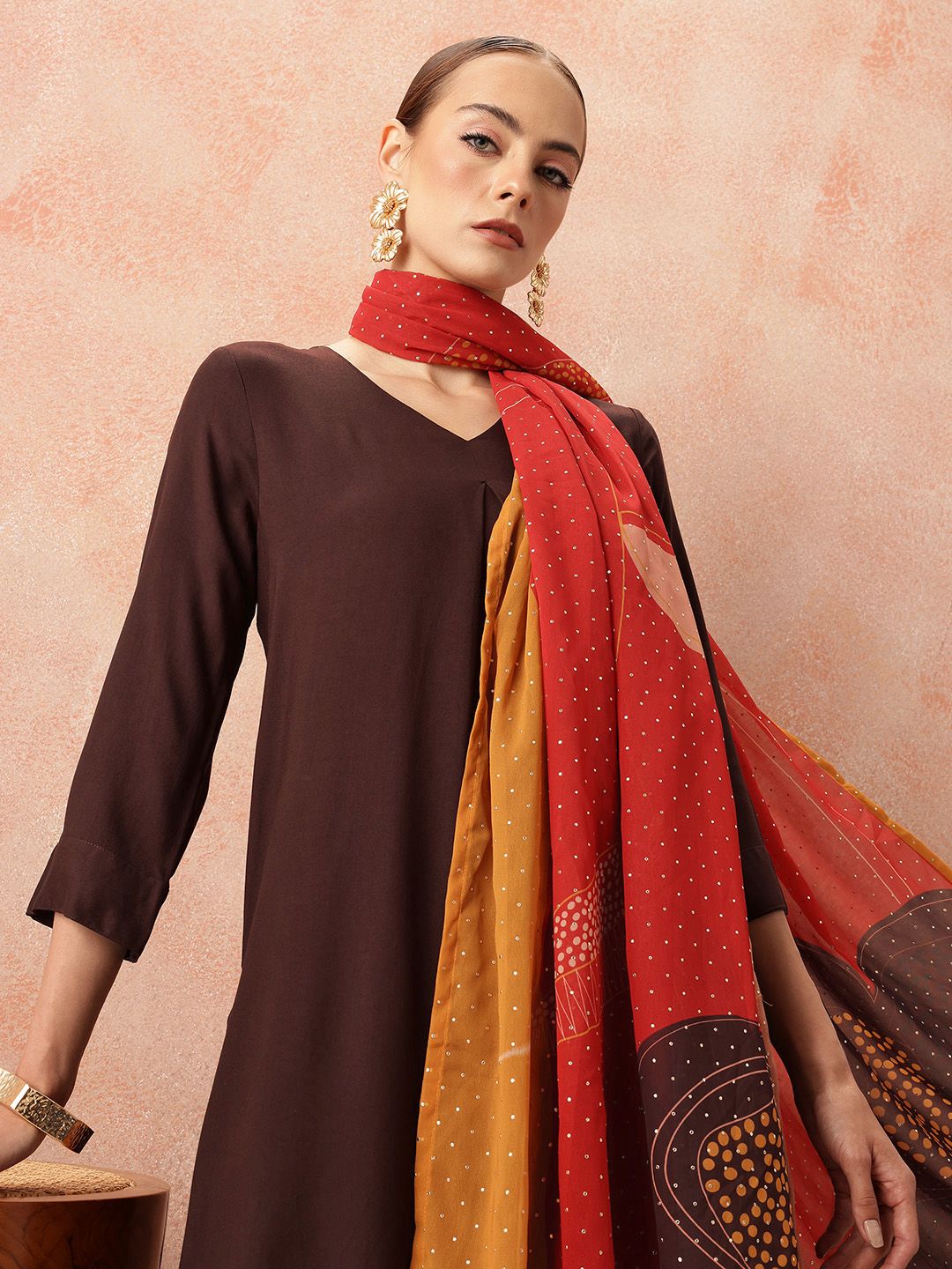 all about you Women Pleated Kurta with Trousers & Mukaish Dupatta