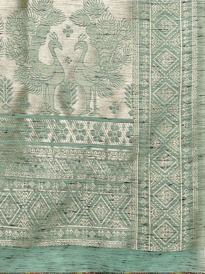 Saree mall Sea Green & Silver-Toned Linen Blend Woven Design Banarasi Saree