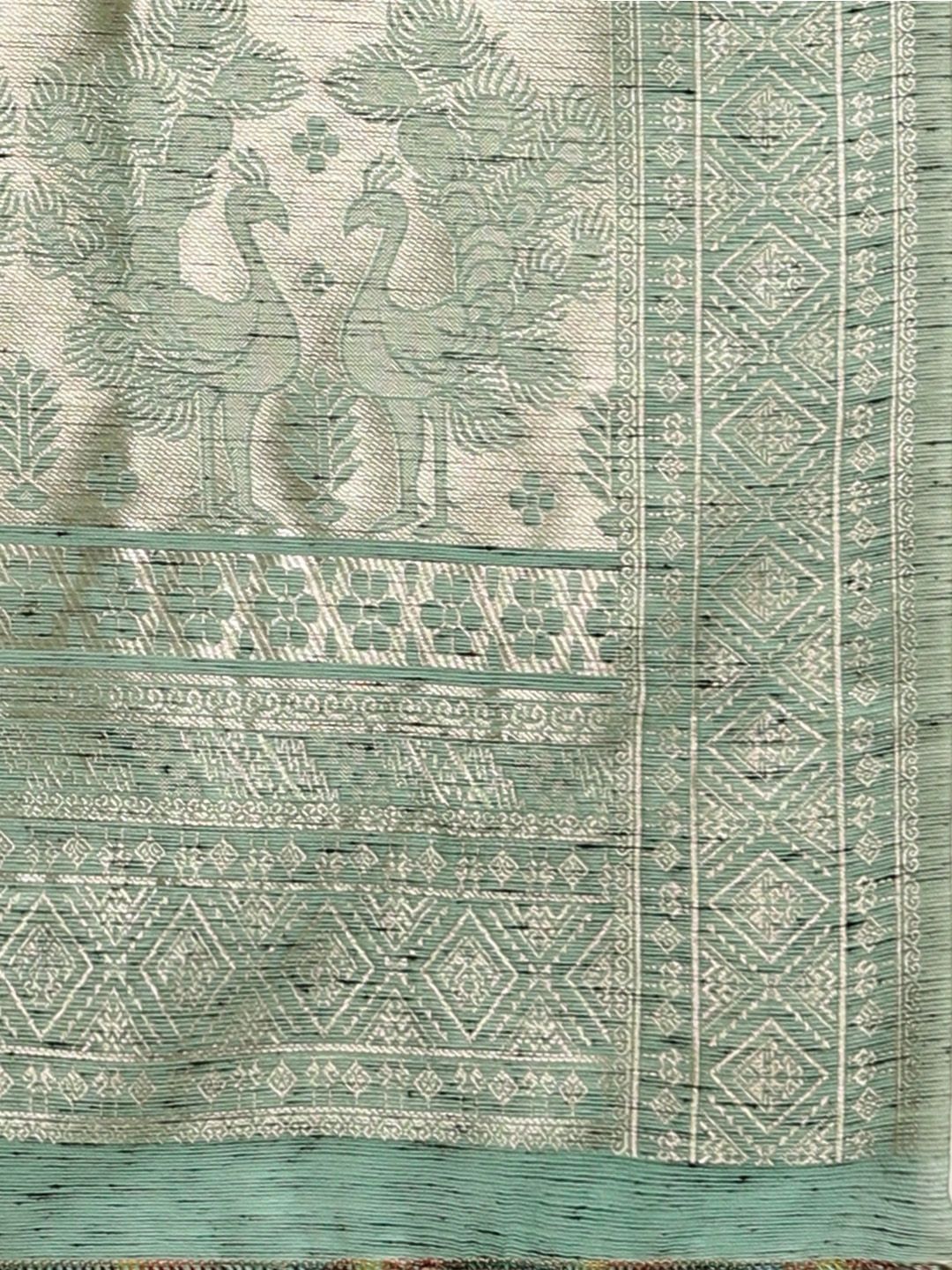 Saree mall Sea Green & Silver-Toned Linen Blend Woven Design Banarasi Saree