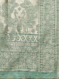 Saree mall Sea Green & Silver-Toned Linen Blend Woven Design Banarasi Saree