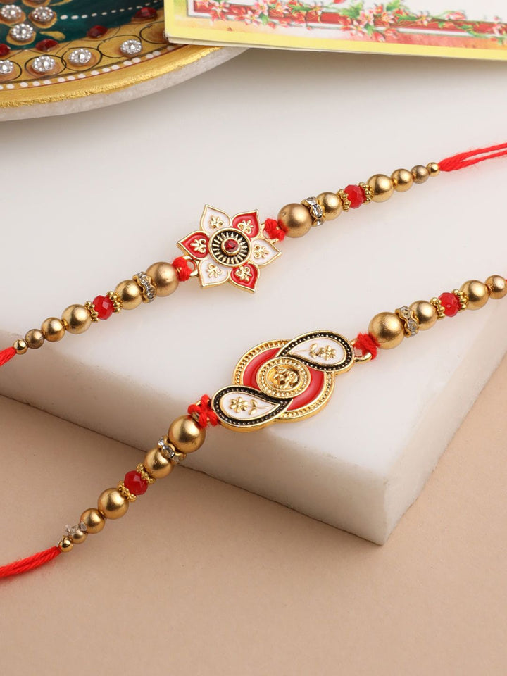 NVR Unisex Set of 2 Floral Artificial Beads Thread Rakhi With Roli Chawal Chandan Mishri