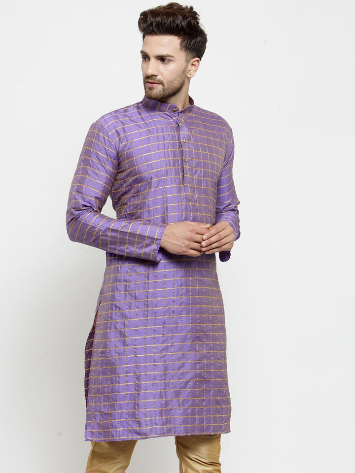 SOJANYA Men Purple & Gold-Toned Checked Straight Kurta