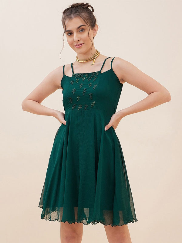 Antheaa Embellished Shoulder Straps Fit & Flare Above Knee Length Dress