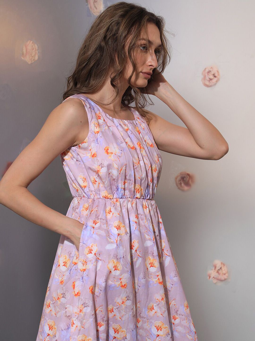 RAREISM Floral Printed Cotton Fit & Flare Midi Dress