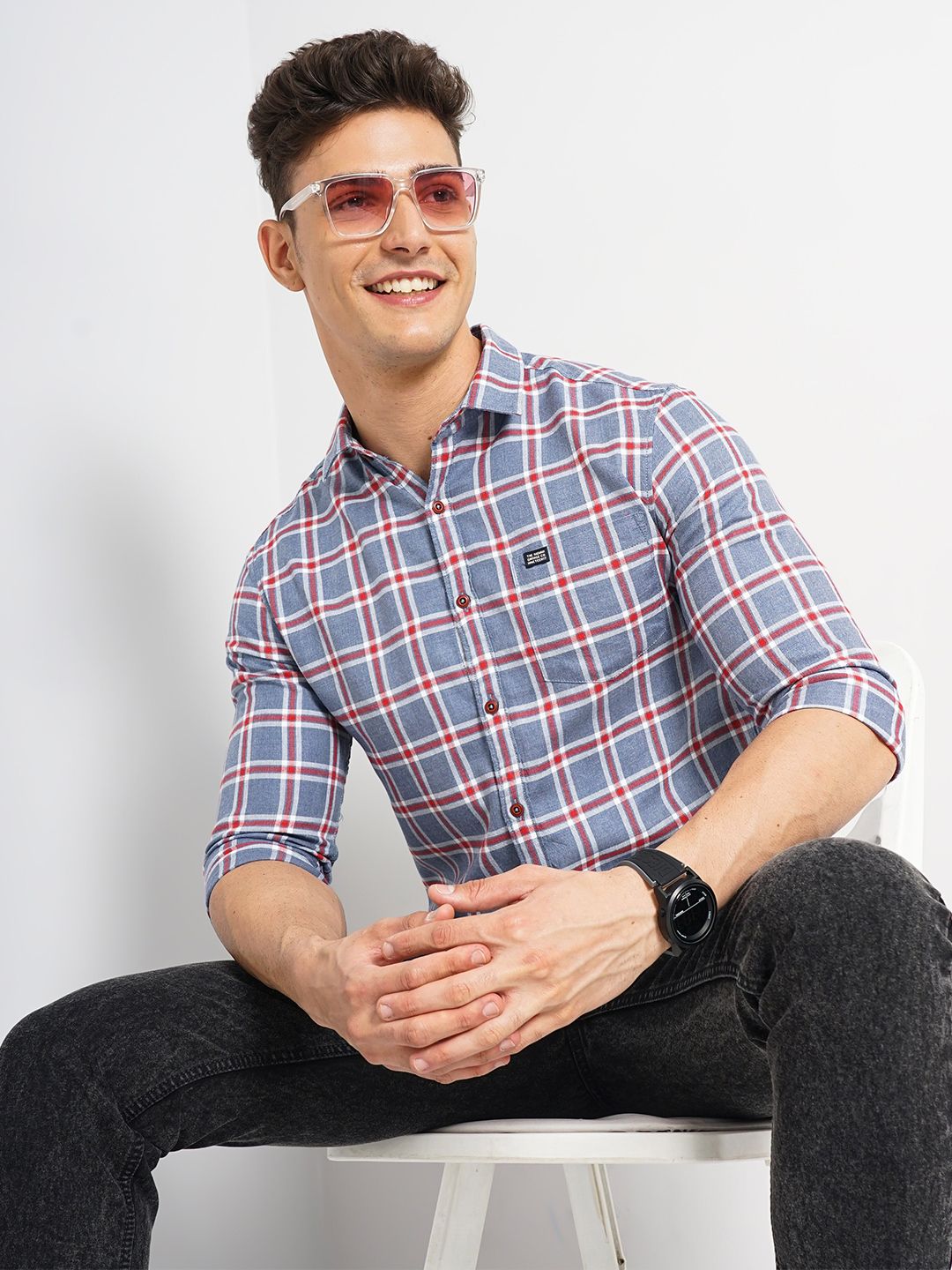 The Indian Garage Co Spread Collar Classic Slim Fit Tartan Checked Casual Cotton Shirt
