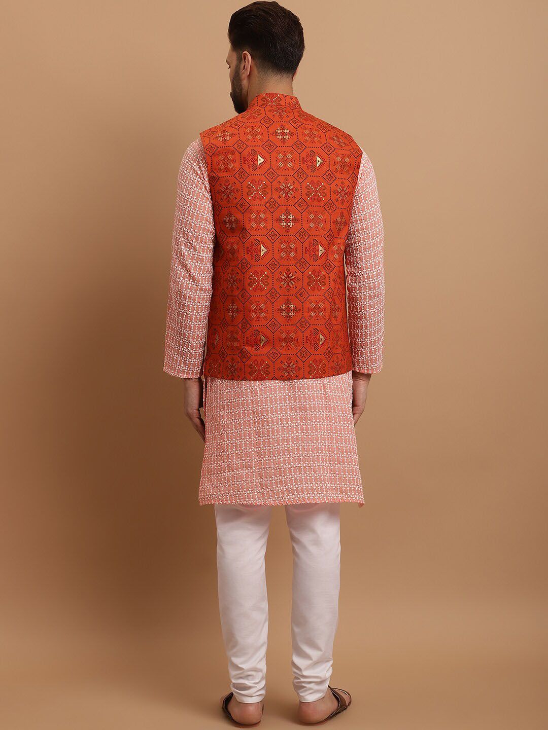 SOJANYA Ethnic Motifs Embroidered Pure Cotton Kurta With Churidar & Nehru Jacket