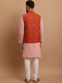 SOJANYA Ethnic Motifs Embroidered Pure Cotton Kurta With Churidar & Nehru Jacket