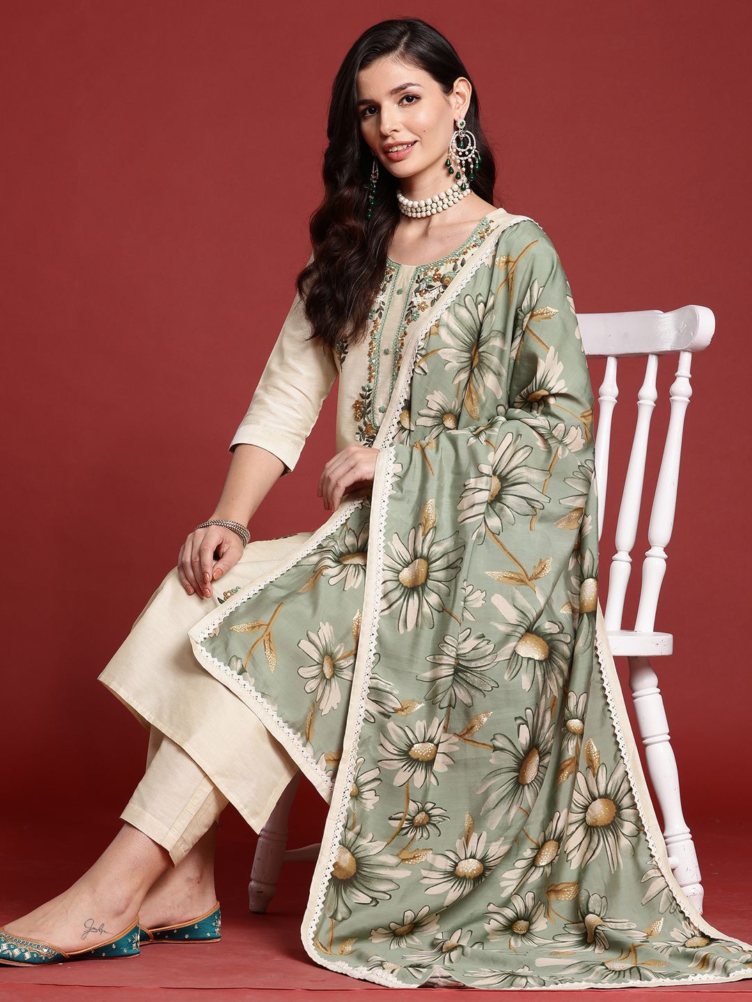 Indo Era Floral Embroidered Thread Work Kurta with Trousers & With Dupatta