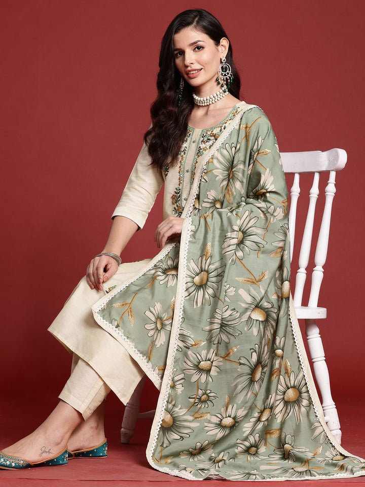 Indo Era Floral Embroidered Thread Work Kurta with Trousers & With Dupatta