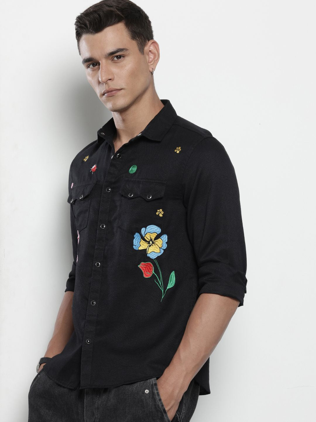 The Indian Garage Co Pure Cotton Floral Embroidered Casual Shirt