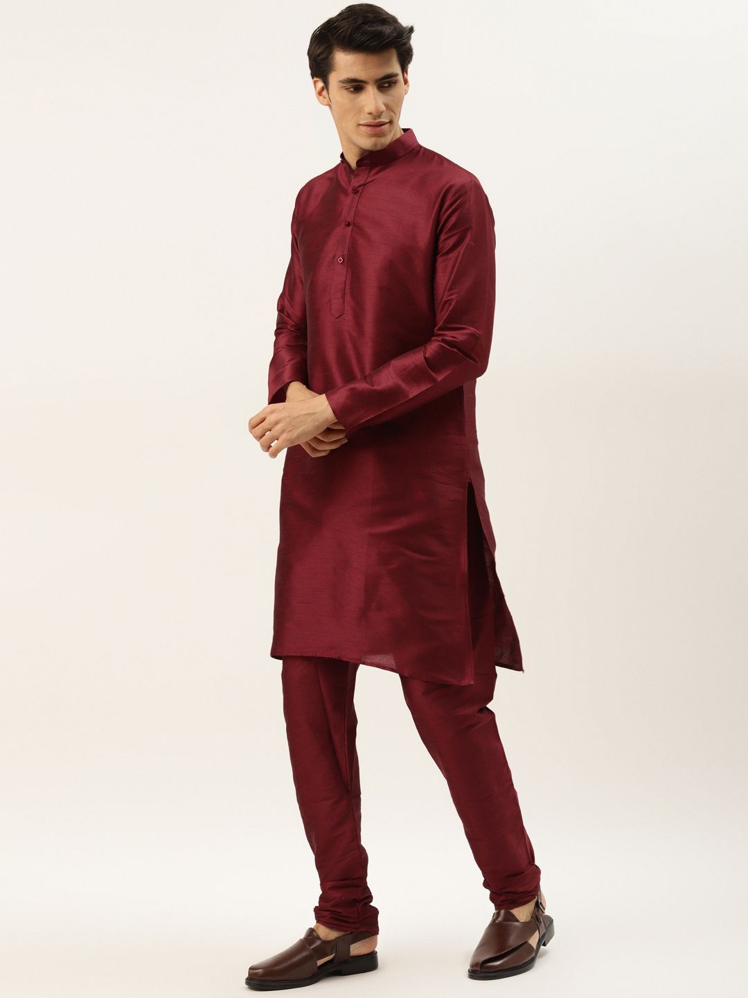 SOJANYA Men Maroon & Pink Kurta with Churidar And Nehru Jacket