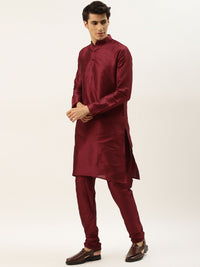 SOJANYA Men Maroon & Pink Kurta with Churidar And Nehru Jacket