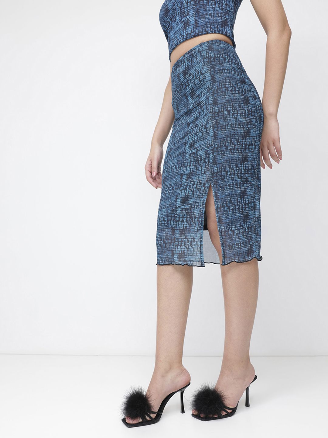 DressBerry Trippy Print Mesh Moment Slit Pencil Midi Skirt