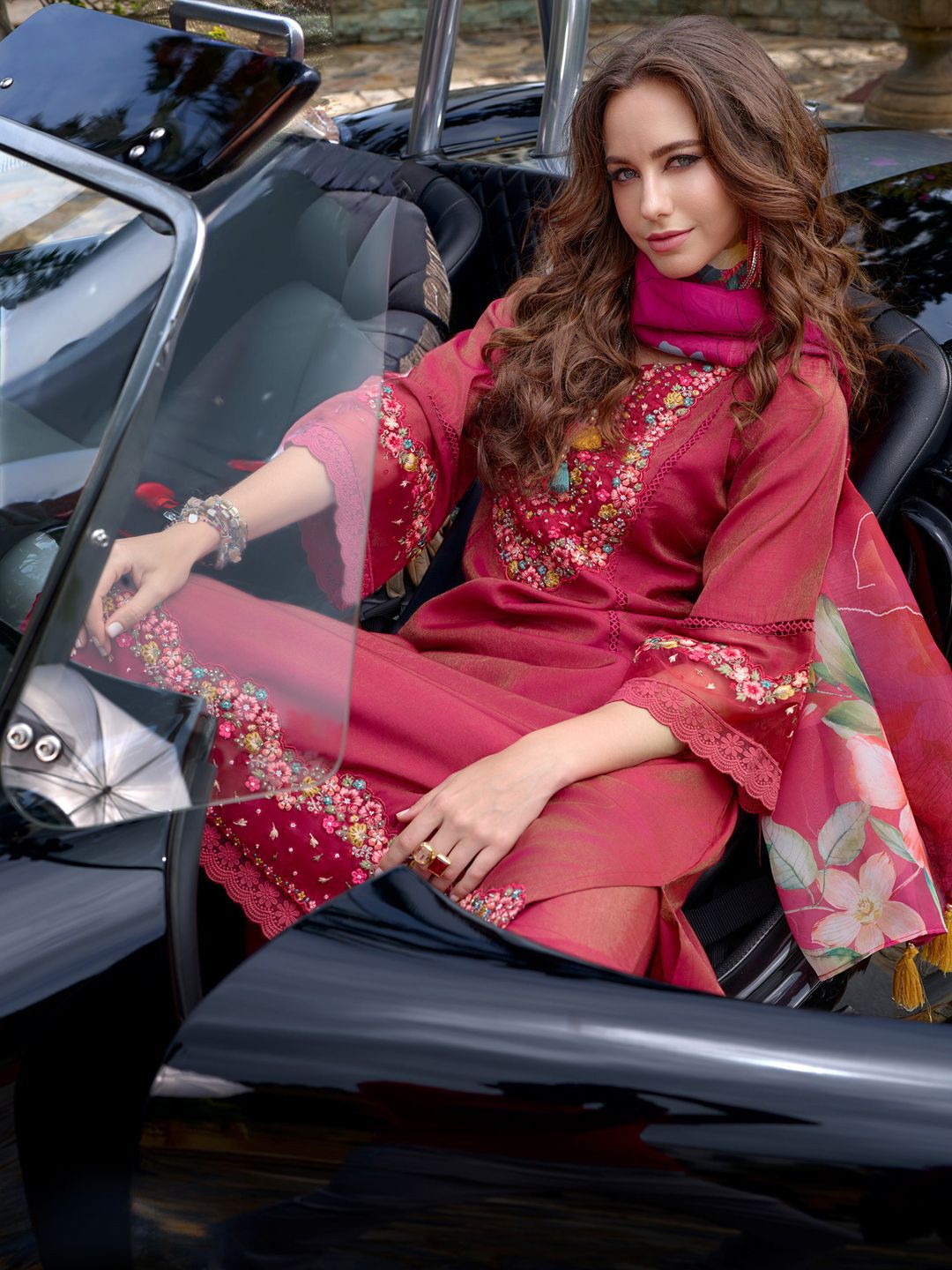 Indo Era Floral Embroidered Thread Work Kurta with Trousers & Dupatta