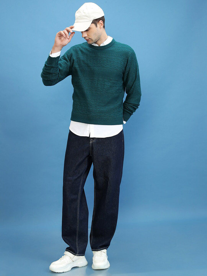 HIGHLANDER Self Design Open Knit Acrylic Pullover Sweater