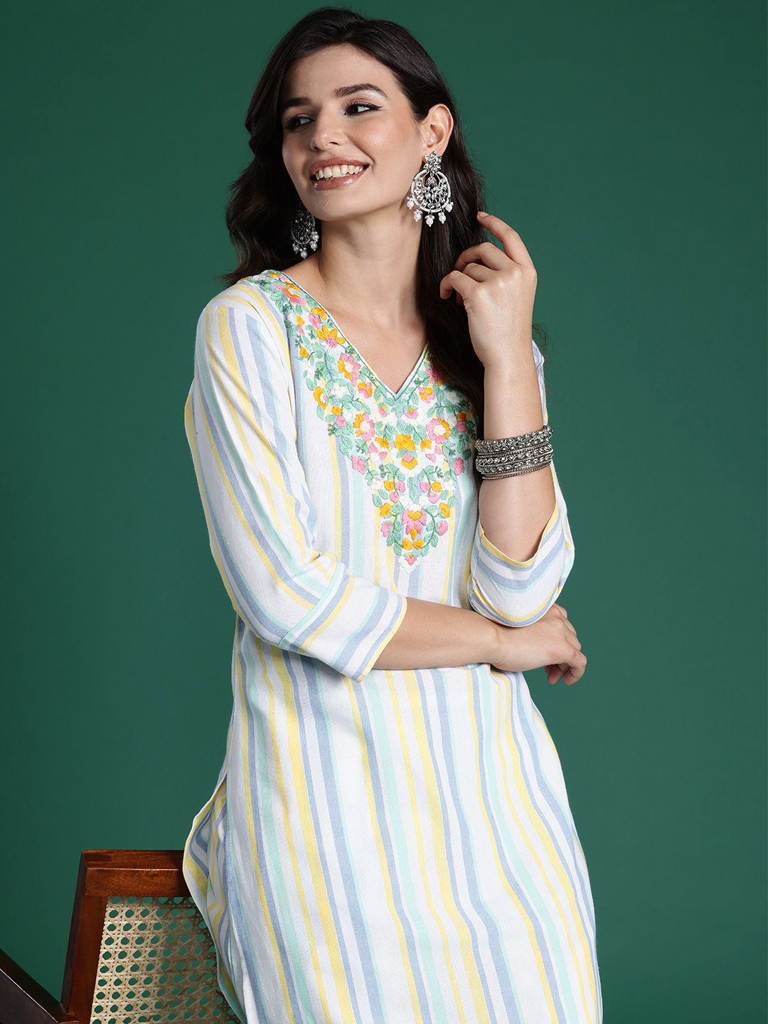 Indo Era Striped Thread Work Pure Cotton Kurta with Trousers