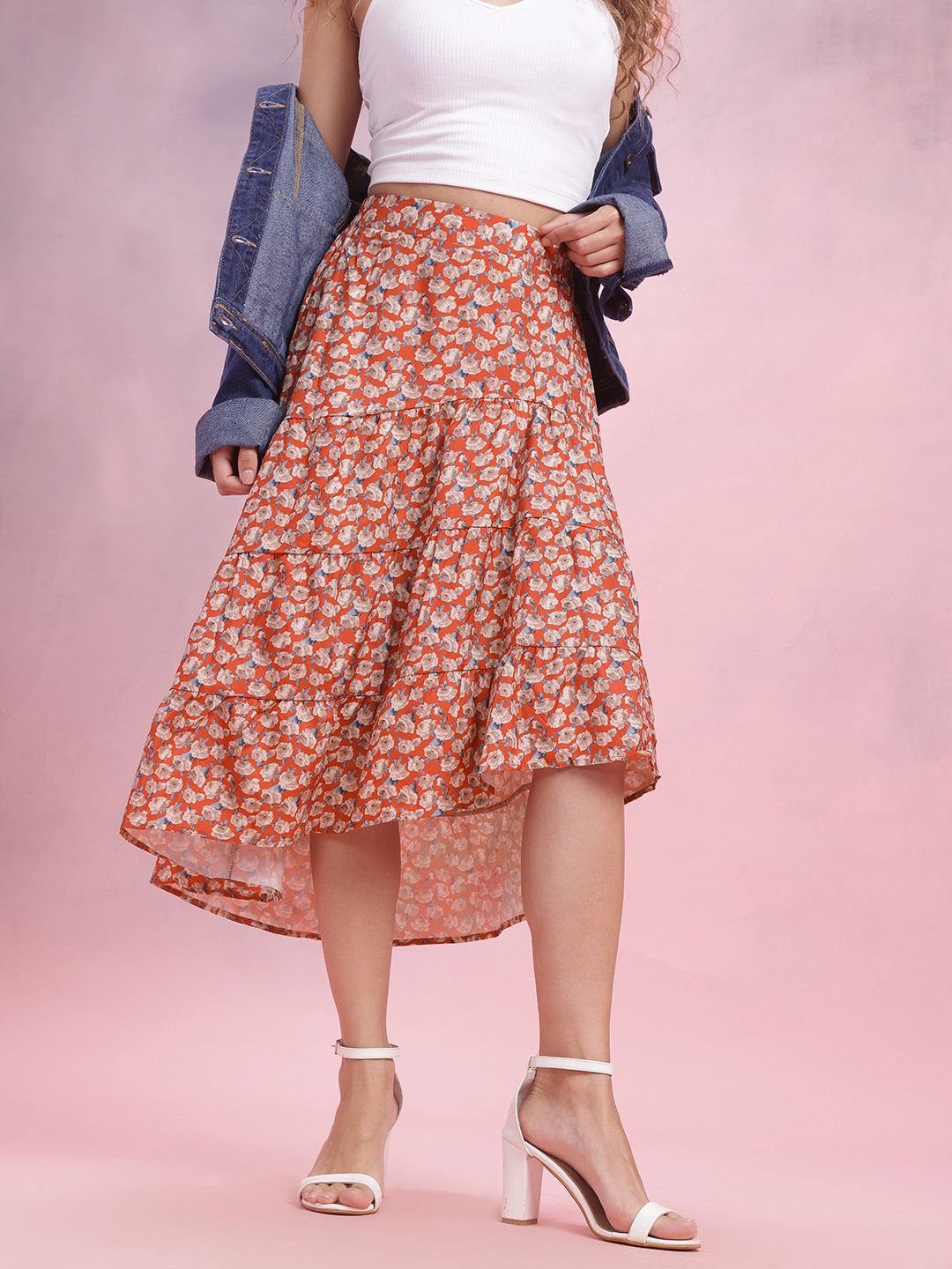 DressBerry Floral Print Tiered Flared Midi Skirt