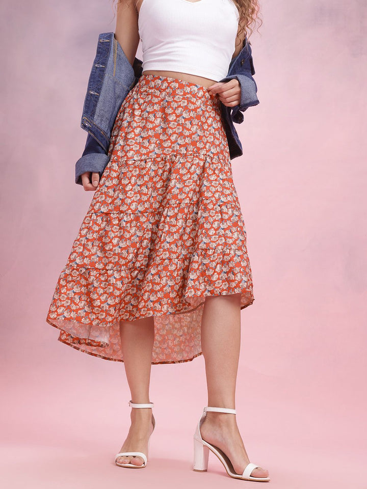 DressBerry Floral Print Tiered Flared Midi Skirt