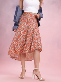 DressBerry Floral Print Tiered Flared Midi Skirt