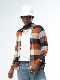 THE BEAR HOUSE Men Rust Brown & Navy Blue Slim Fit Checked Pure Cotton Casual Shirt