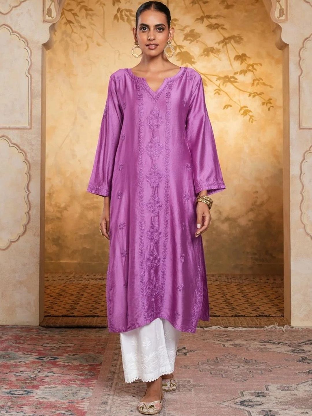 House of Chikankari Women Embroidered Thread Work Chanderi Silk Kurta