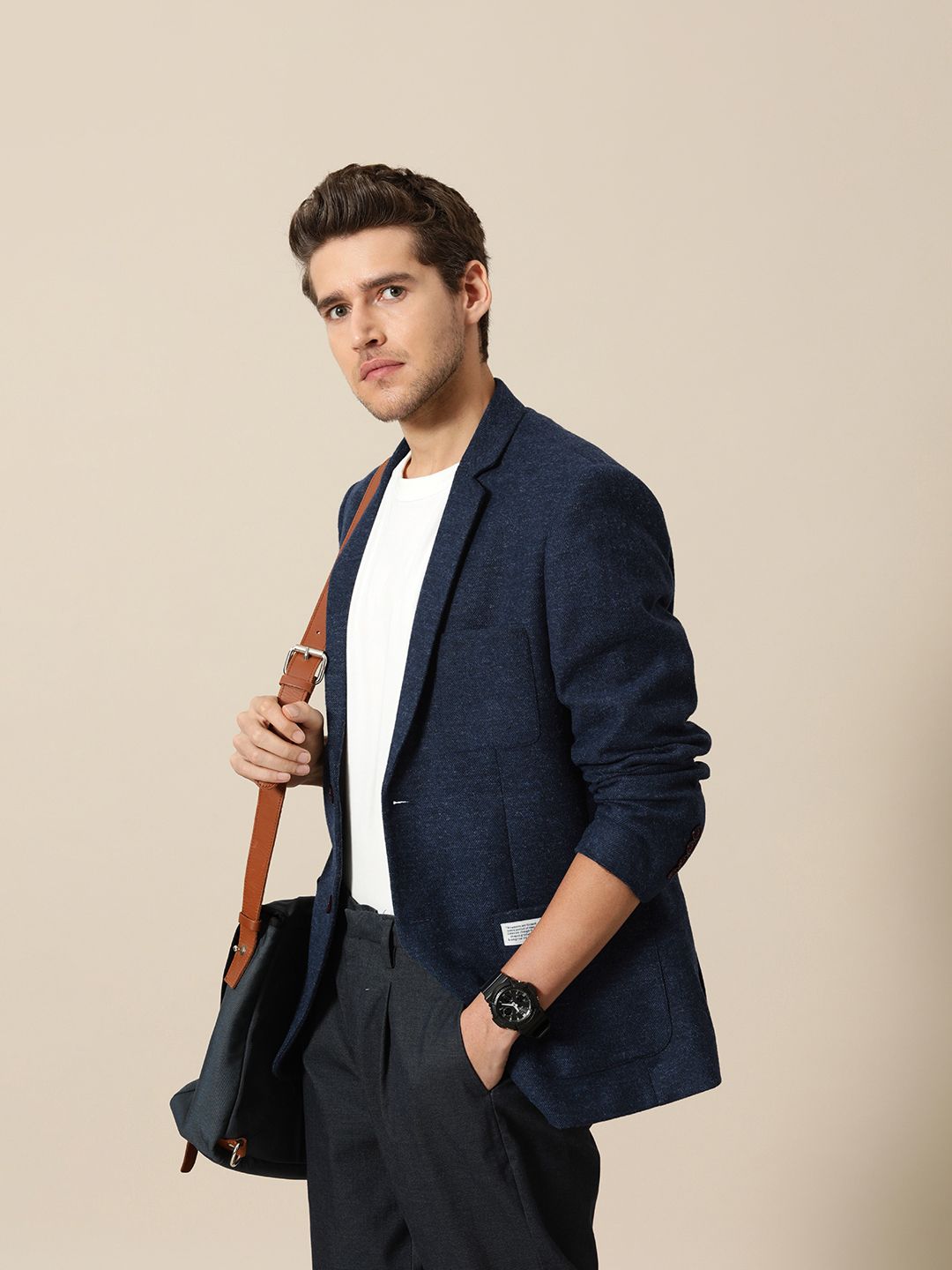 Mr Bowerbird Men Navy Blue Solid Single Breasted Casual Tweed Blazer