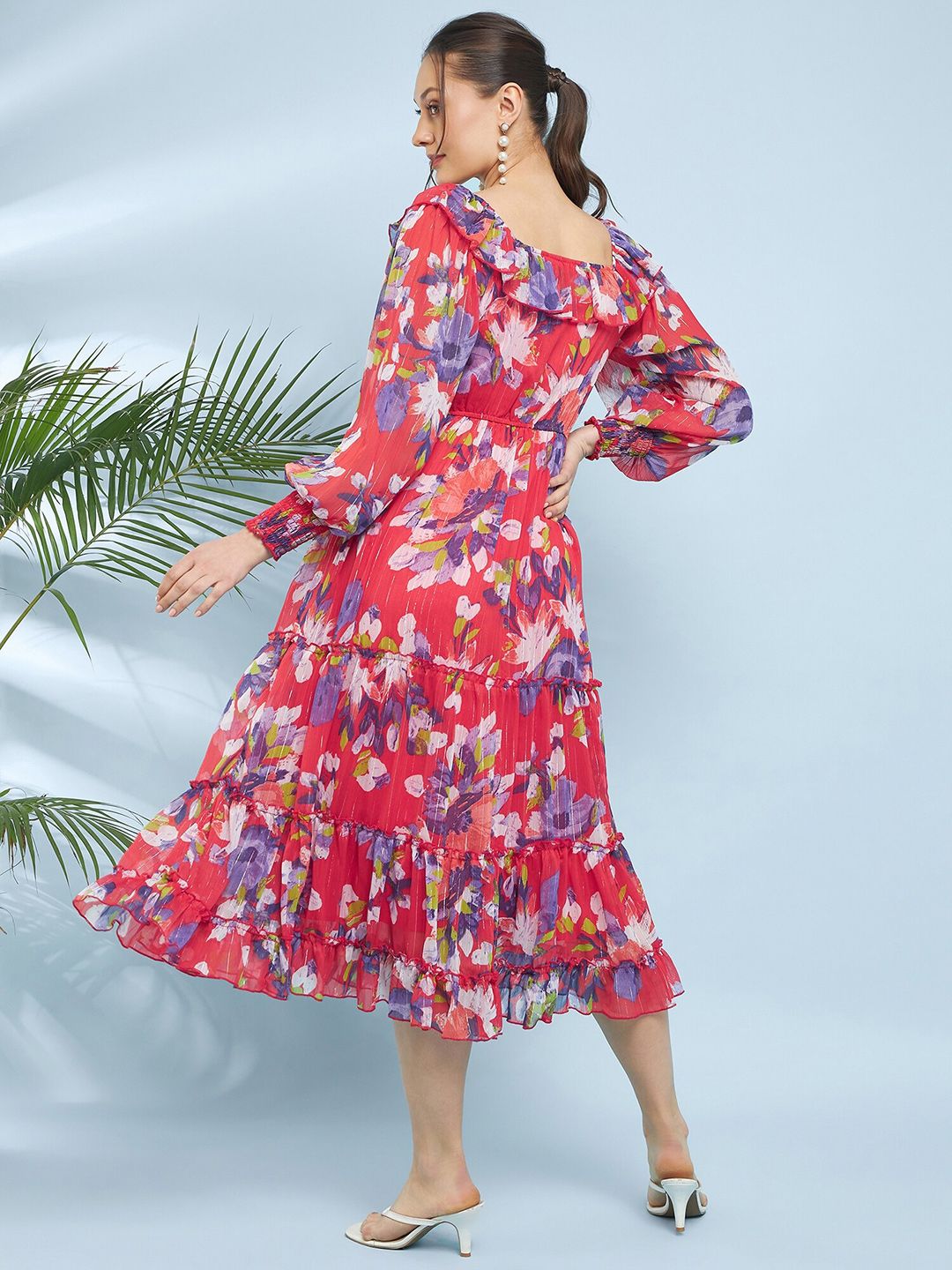 Antheaa Floral Printed Puff Sleeve Chiffon A-Line Midi Dress