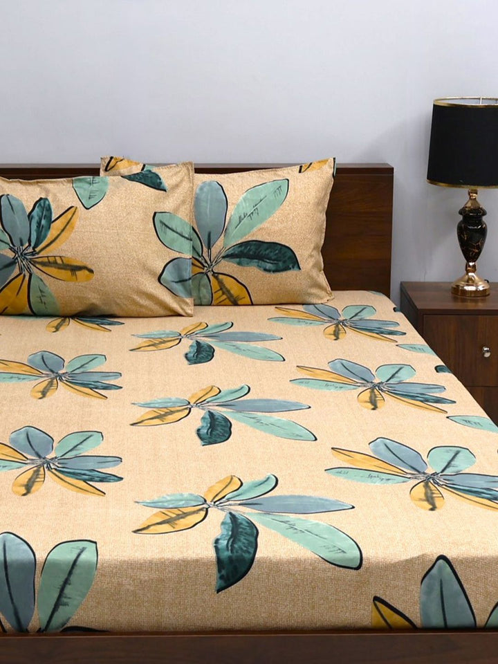 BOMBAY DYEING Beige Floral Microfiber 144 TC Queen Bedsheet &2 Pillow Covers