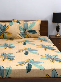 BOMBAY DYEING Beige Floral Microfiber 144 TC Queen Bedsheet &2 Pillow Covers
