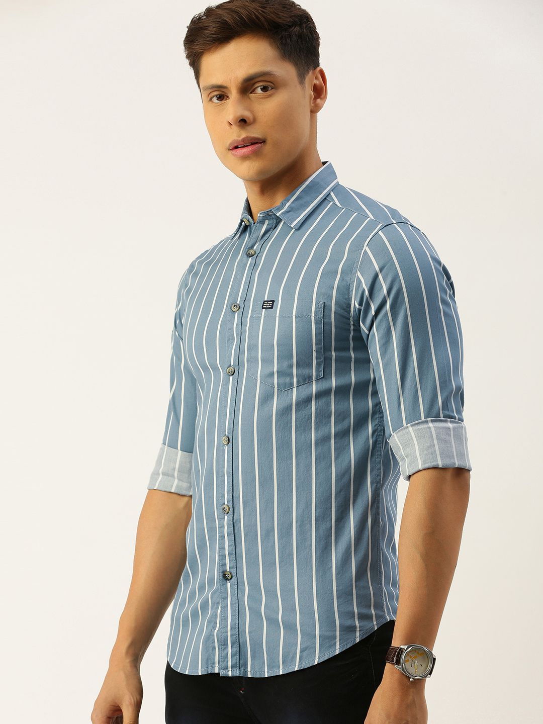 The Indian Garage Co Men Grey & White Slim Fit Striped Casual Shirt