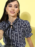 DressBerry Women Deep Navy Blue Romantic Florals Top