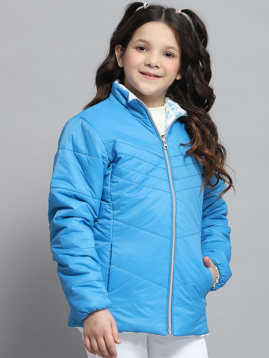 Monte Carlo Girls Mock Collar Solid Casual Reversible Padded Jacket