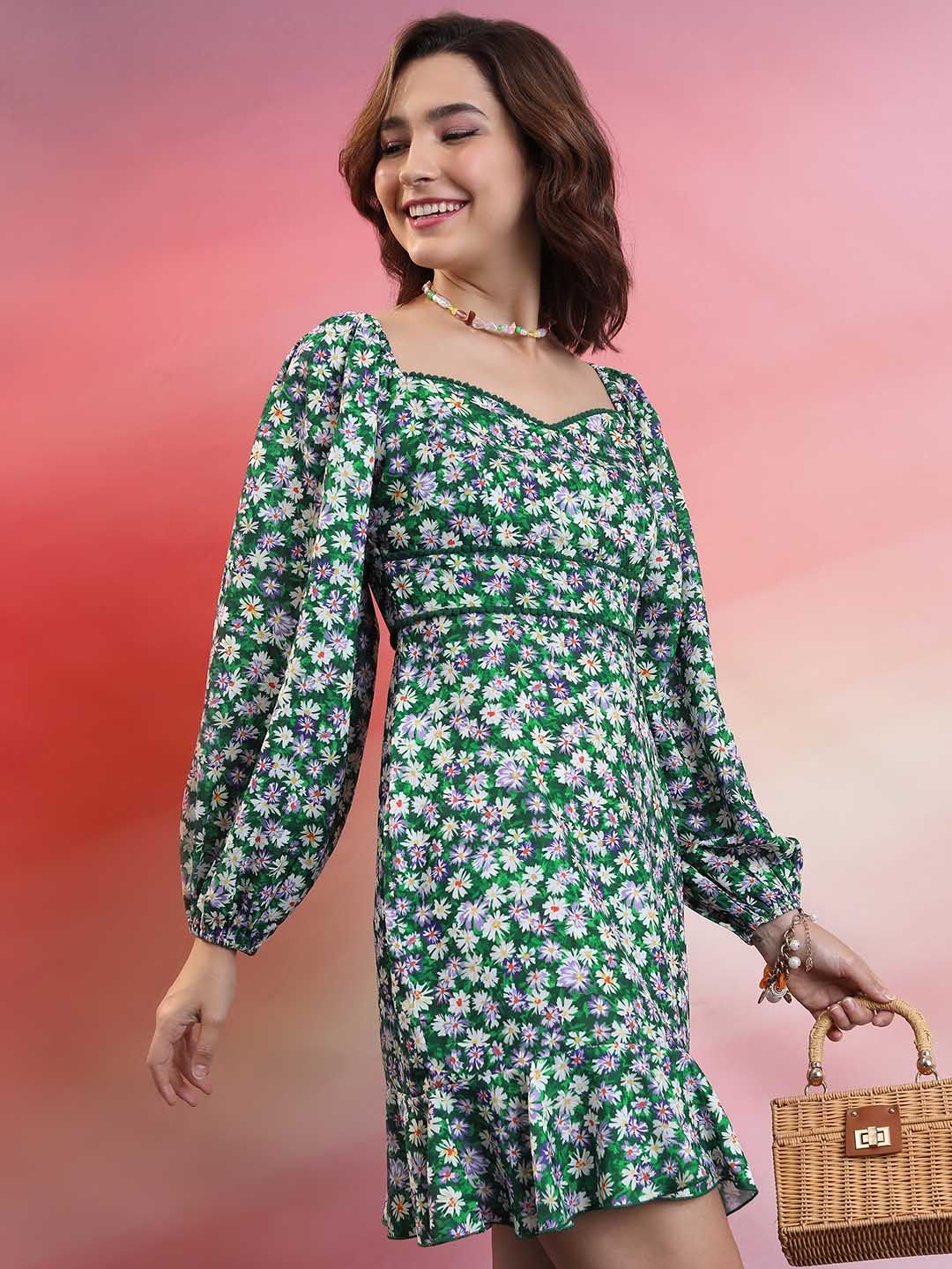 Tokyo Talkies Green Floral Printed Sweetheart Neck Puff Sleeve Pleated A-Line Dress