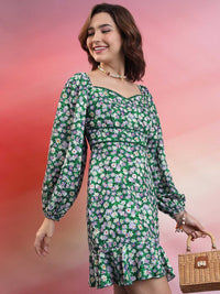 Tokyo Talkies Green Floral Printed Sweetheart Neck Puff Sleeve Pleated A-Line Dress