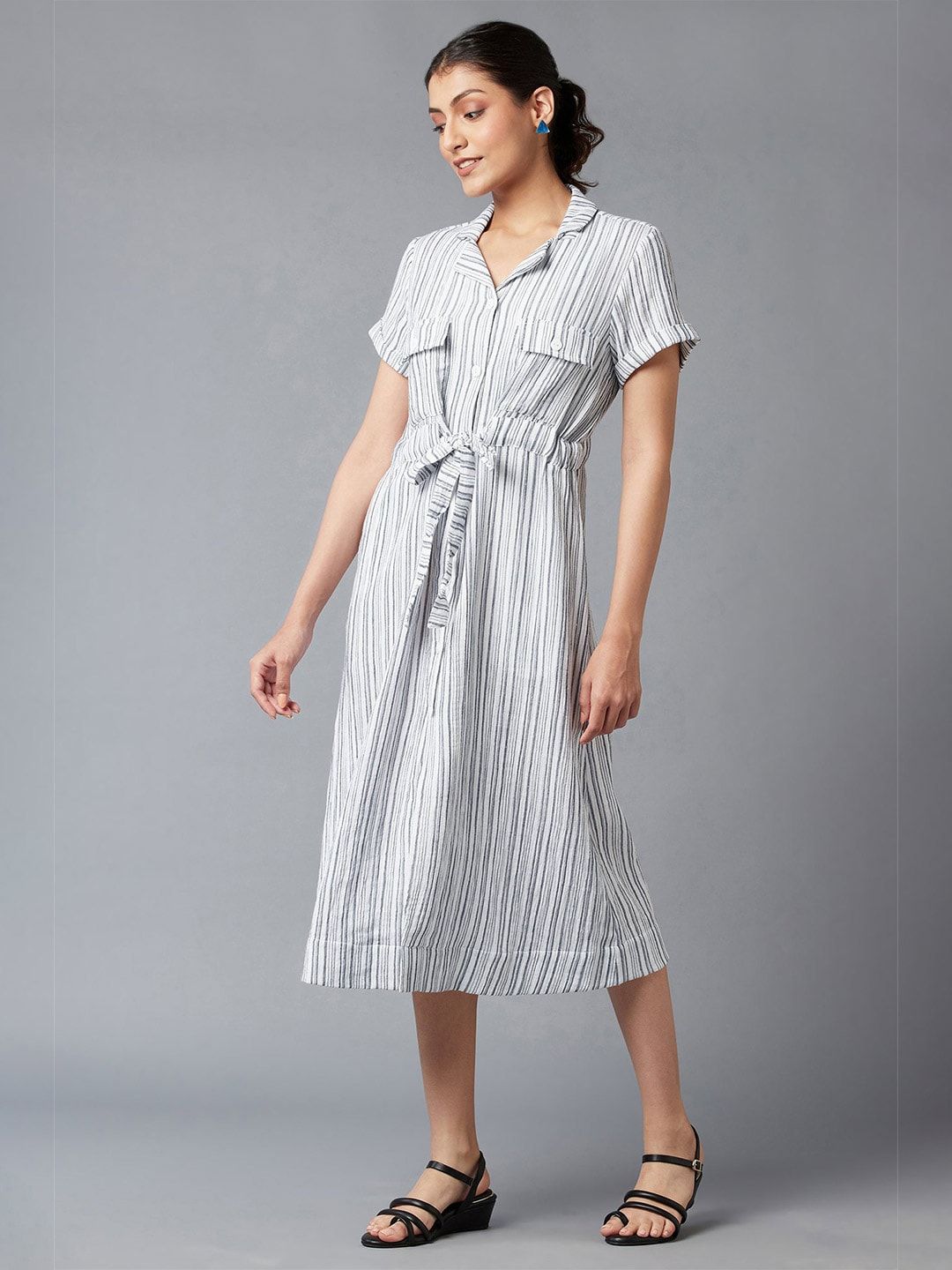 W Blue Striped Shirt Midi Dress