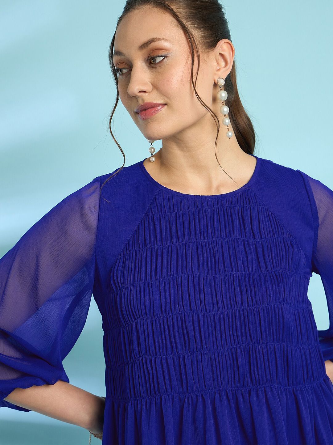 Antheaa Blue Puff Sleeves Smocked Detailed A-Line Top