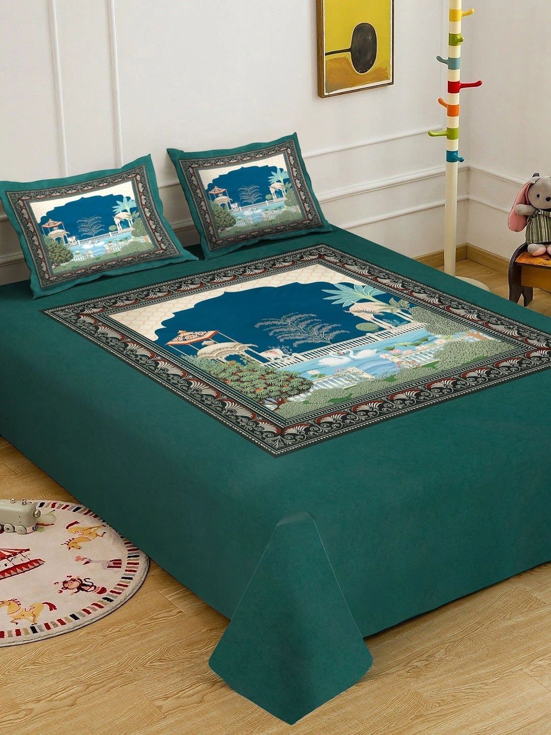 Moda Rapido X KLOTTHE Motif Etnik Hijau & Putih 400 TC Cadar King dengan 2 Sarung Bantal