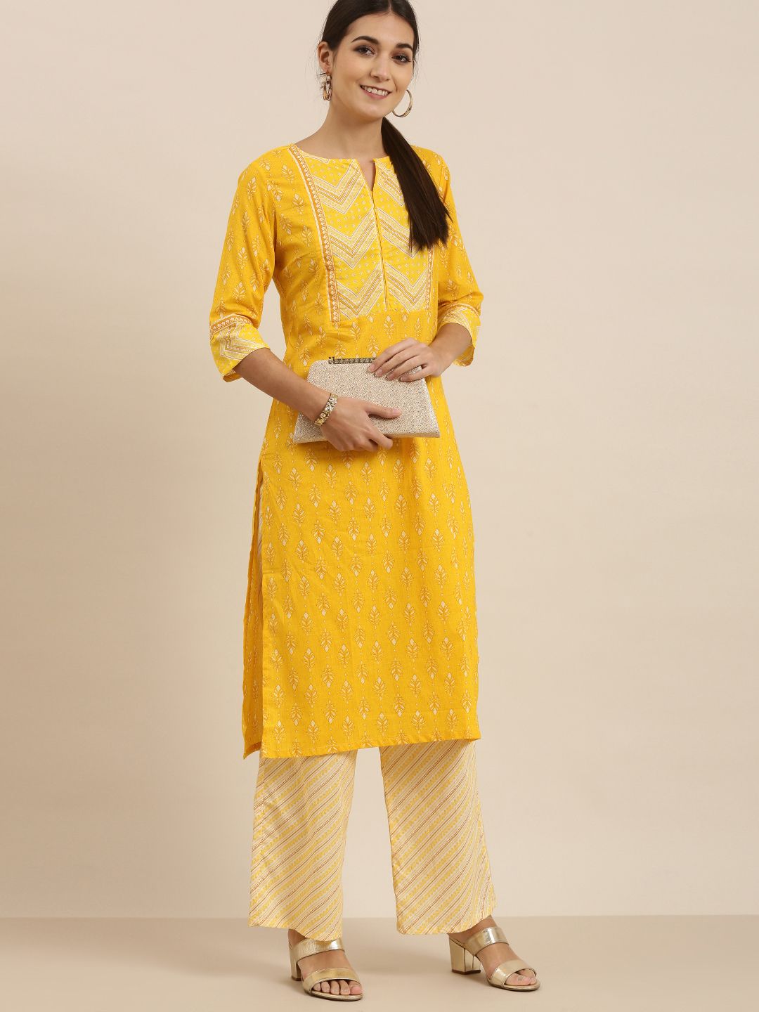 Vishudh Women Yellow & Off-White Printed Kurta with Palazzos