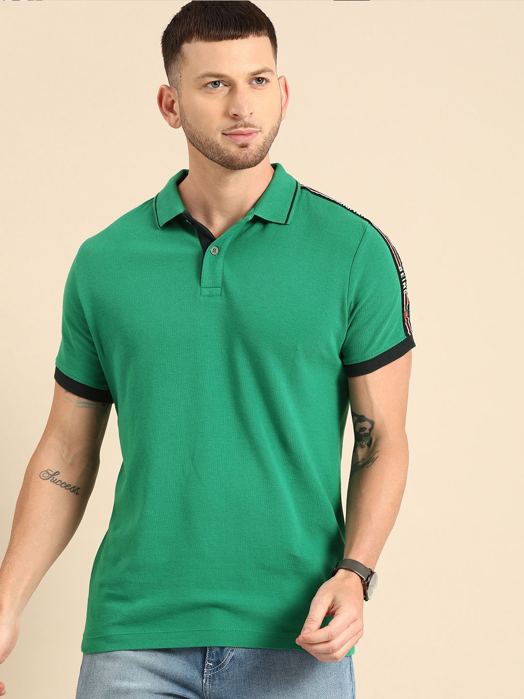 Being Human Clothing Men Green Solid Polo Collar Pure Cotton T-shirt with Taping