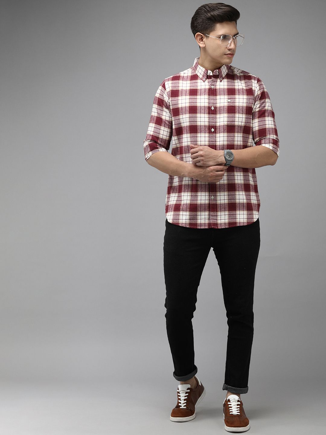 THE BEAR HOUSE Men Flannel Cotton Button-Down Slim Fit Tartan Checks Casual Shirt