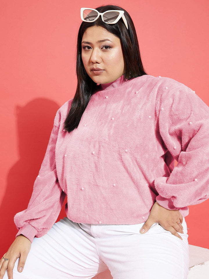 SASSAFRAS Curve Plus Size Embellished High Neck Long Sleeve Fleece Pullover Sweatshirt