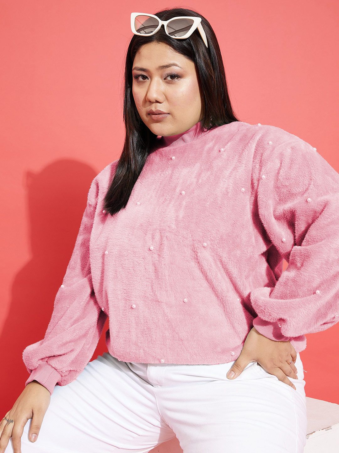SASSAFRAS Curve Plus Size Embellished High Neck Long Sleeve Fleece Pullover Sweatshirt