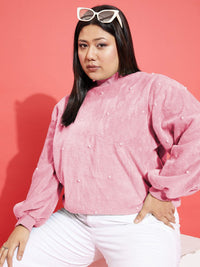 SASSAFRAS Curve Plus Size Embellished High Neck Long Sleeve Fleece Pullover Sweatshirt