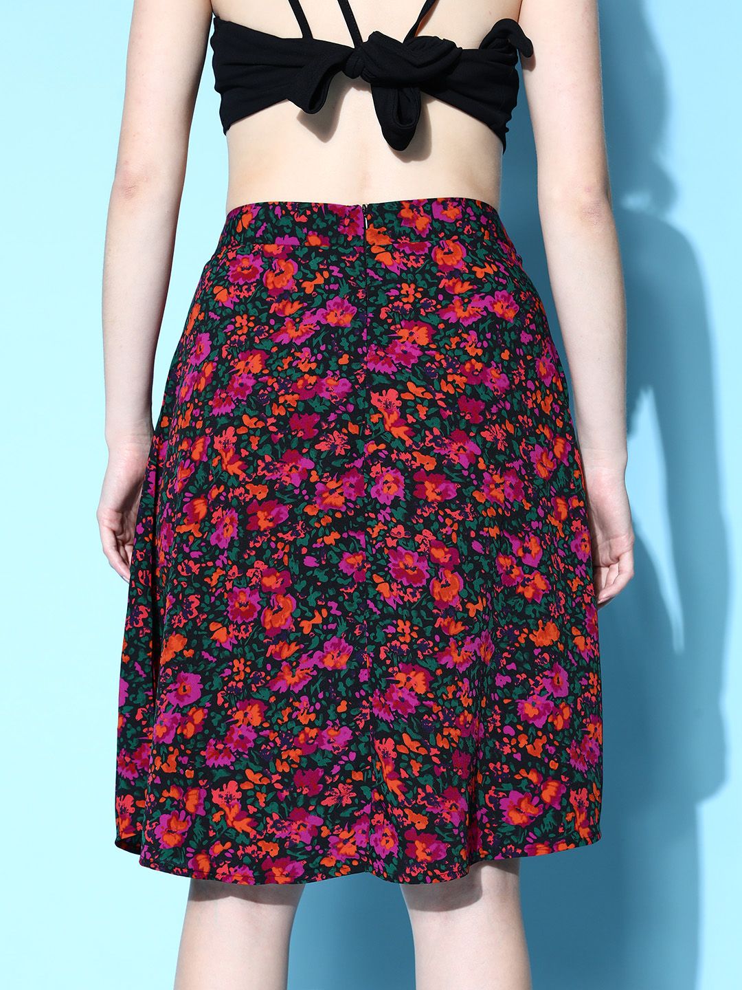 Berrylush Black Floral Peekaboo Slit Skirt